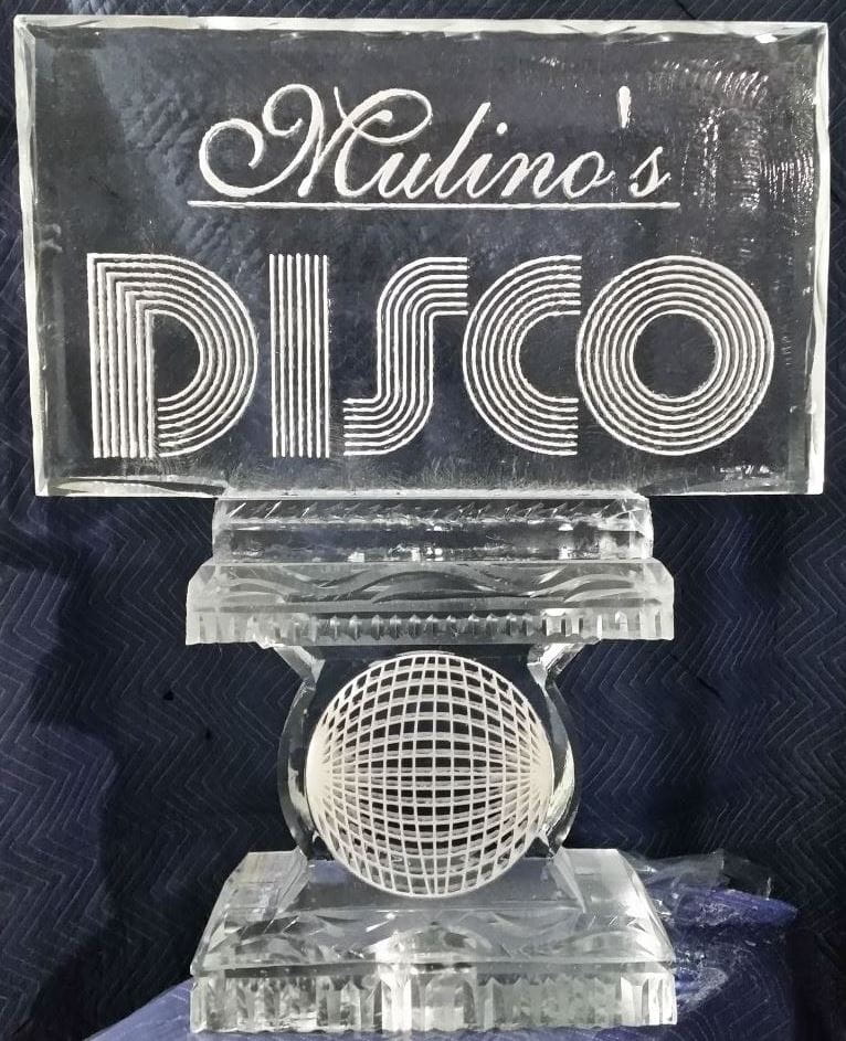 Kulino's Disco party themed glitter letter custom ice carving
