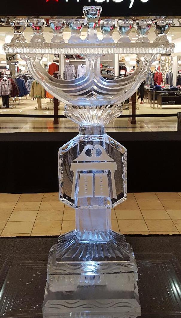 Ice matters - menorah with snowfilled logo on stem - designed to hold taper candles - indoor