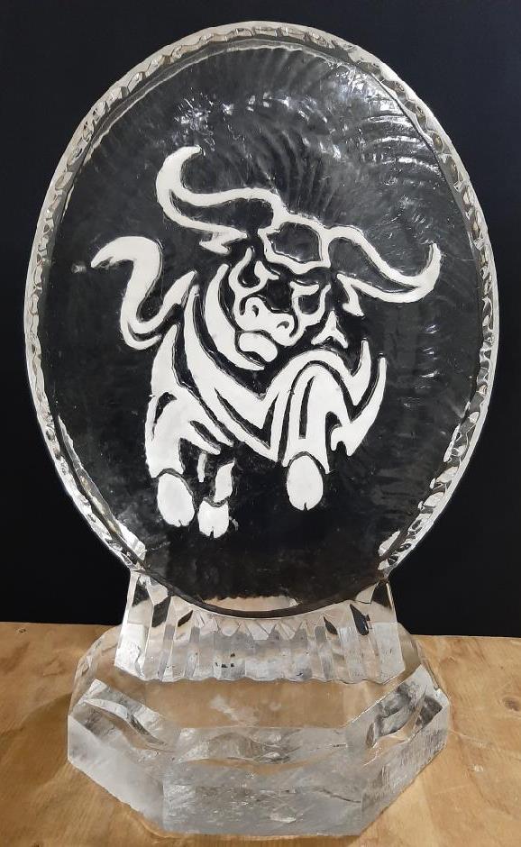 Bull logo engraved ice sculpture