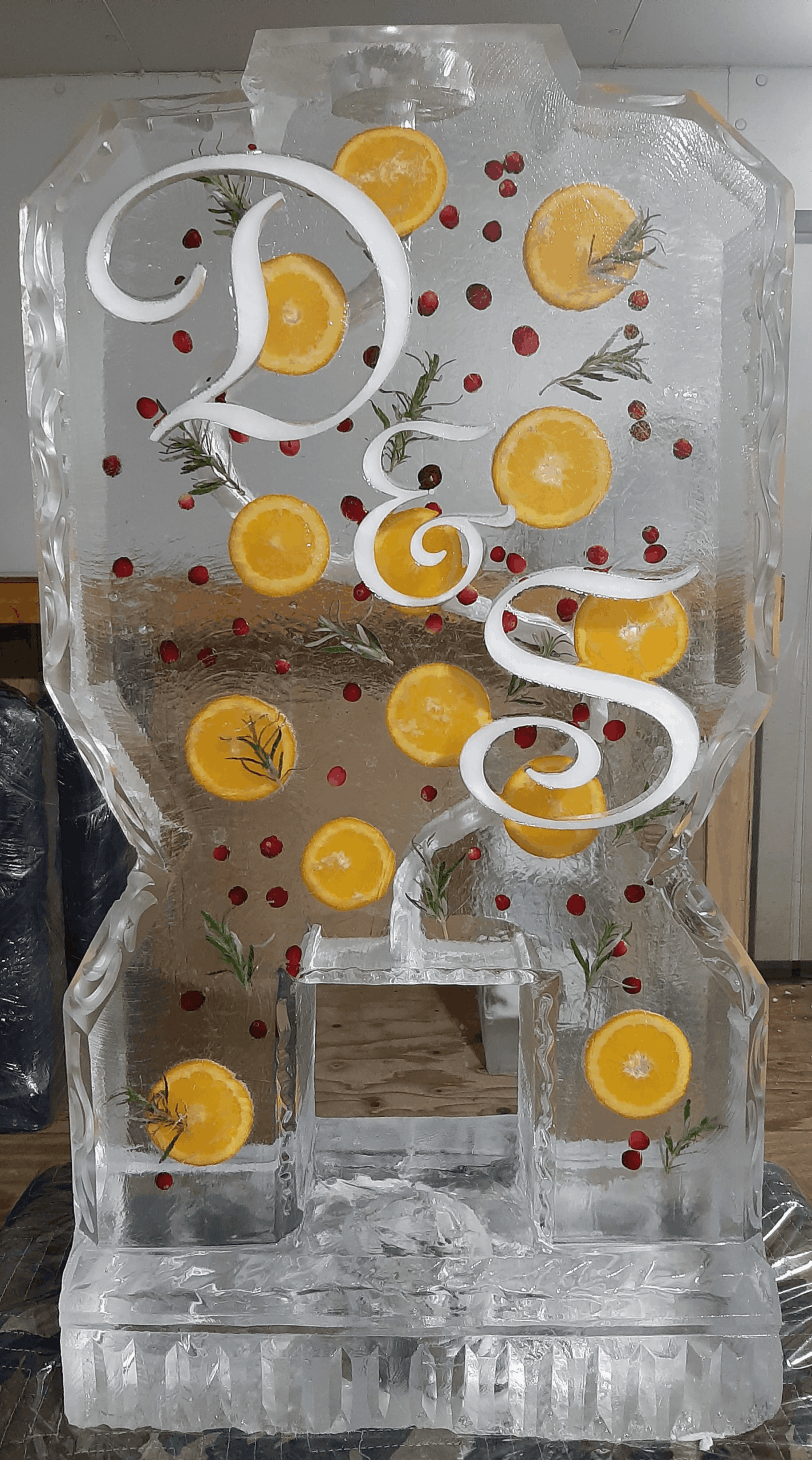 Abstract ice sculpture with colorful modern swirl design