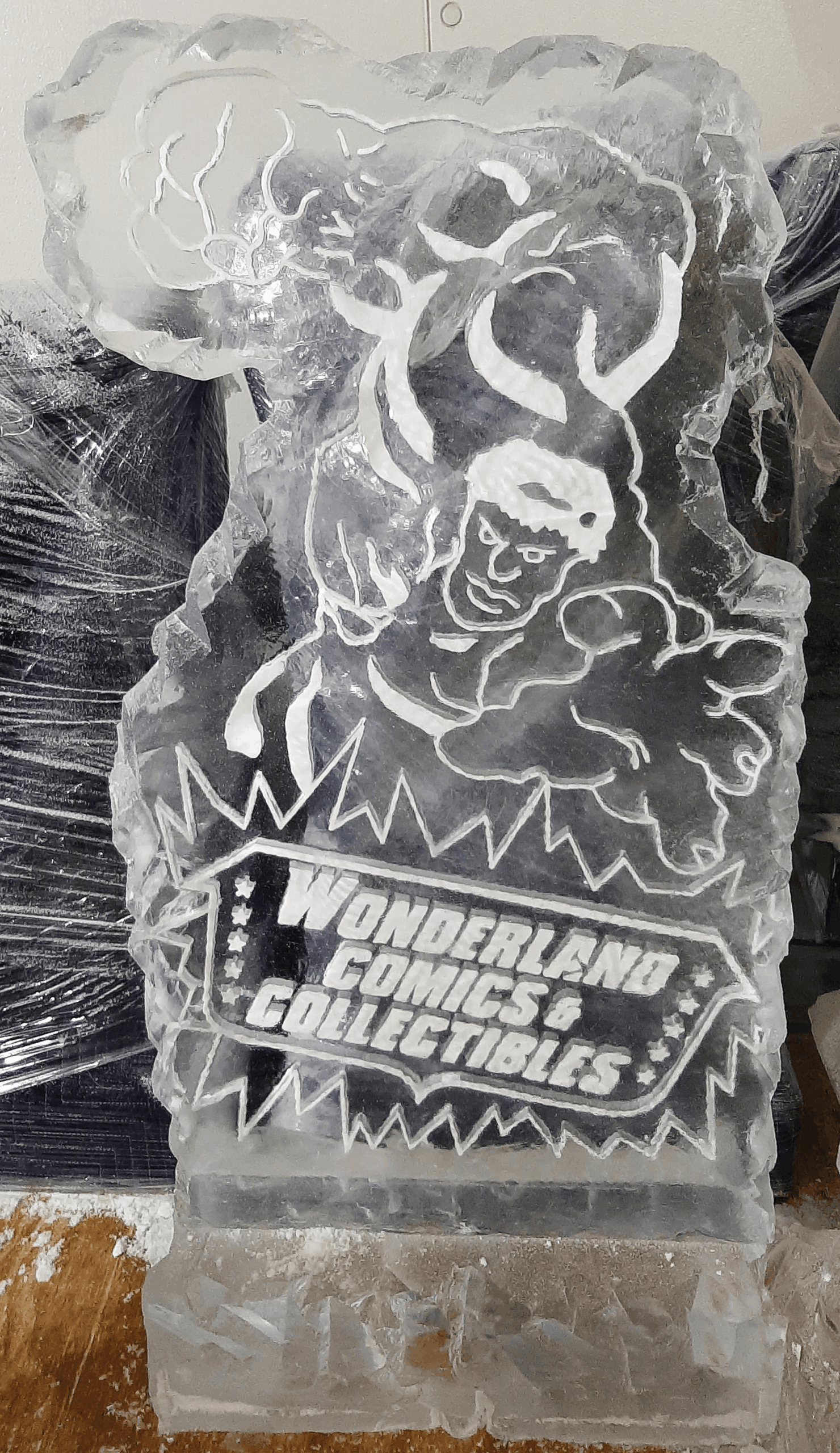 Detailed mythical monster character line art engraved ice sculpture