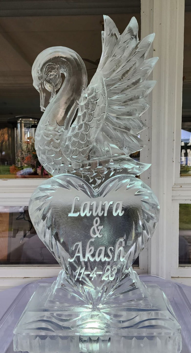Laura and personalized custom text ice sculpture with a swan motif