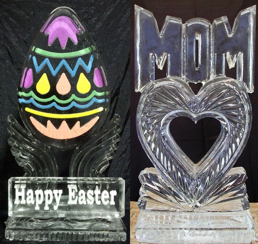 Decorative Easter theme egg and Happy Mother's Day heart ice sculptures