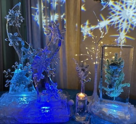Ice matters - abstract snowflake clusters and individual table centerpiece with silks frozen in