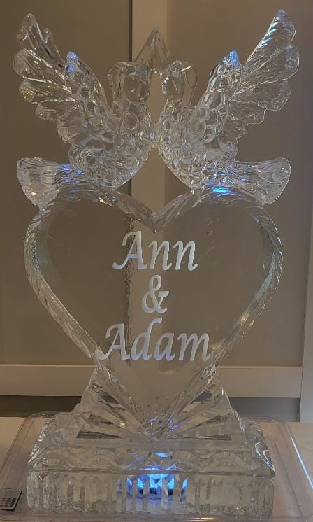 Ann and Adam custom engraved heart ice sculpture for a wedding reception