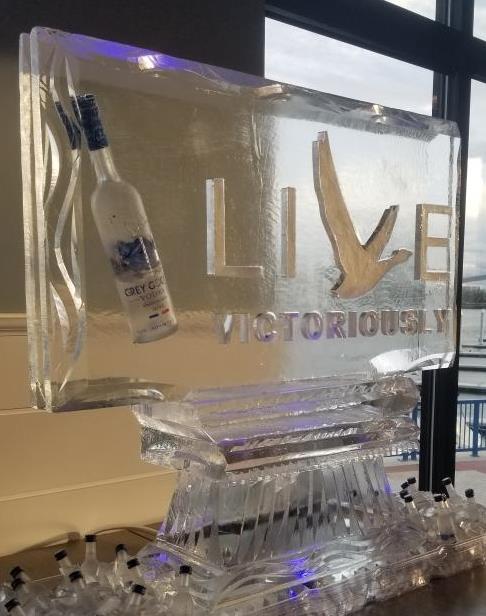 Live Victoriously motivational text clear ice sculpture block