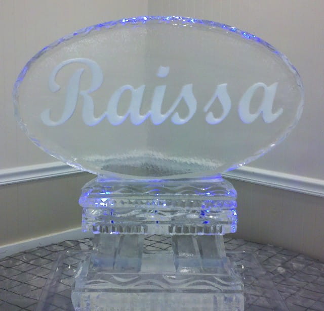 Personalized Raissa engraved ice sculpture