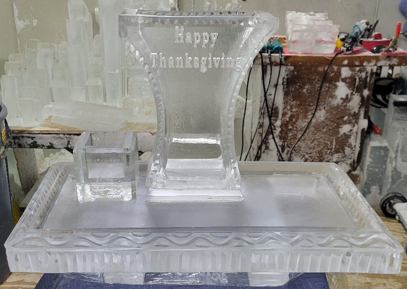 Ice Matters Shrimp Tower with Snowfilled Happy Thanksgiving on 40 Inch Tray with Lemon Holder