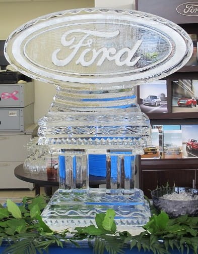 Ford corporate automotive brand logo block ice sculpture