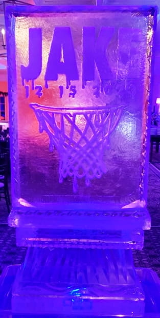 Basketball hoop illuminated ice sculpture