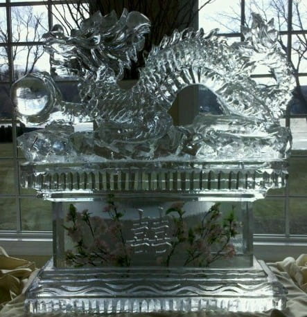 Peacock ice sculpture with detailed feather display