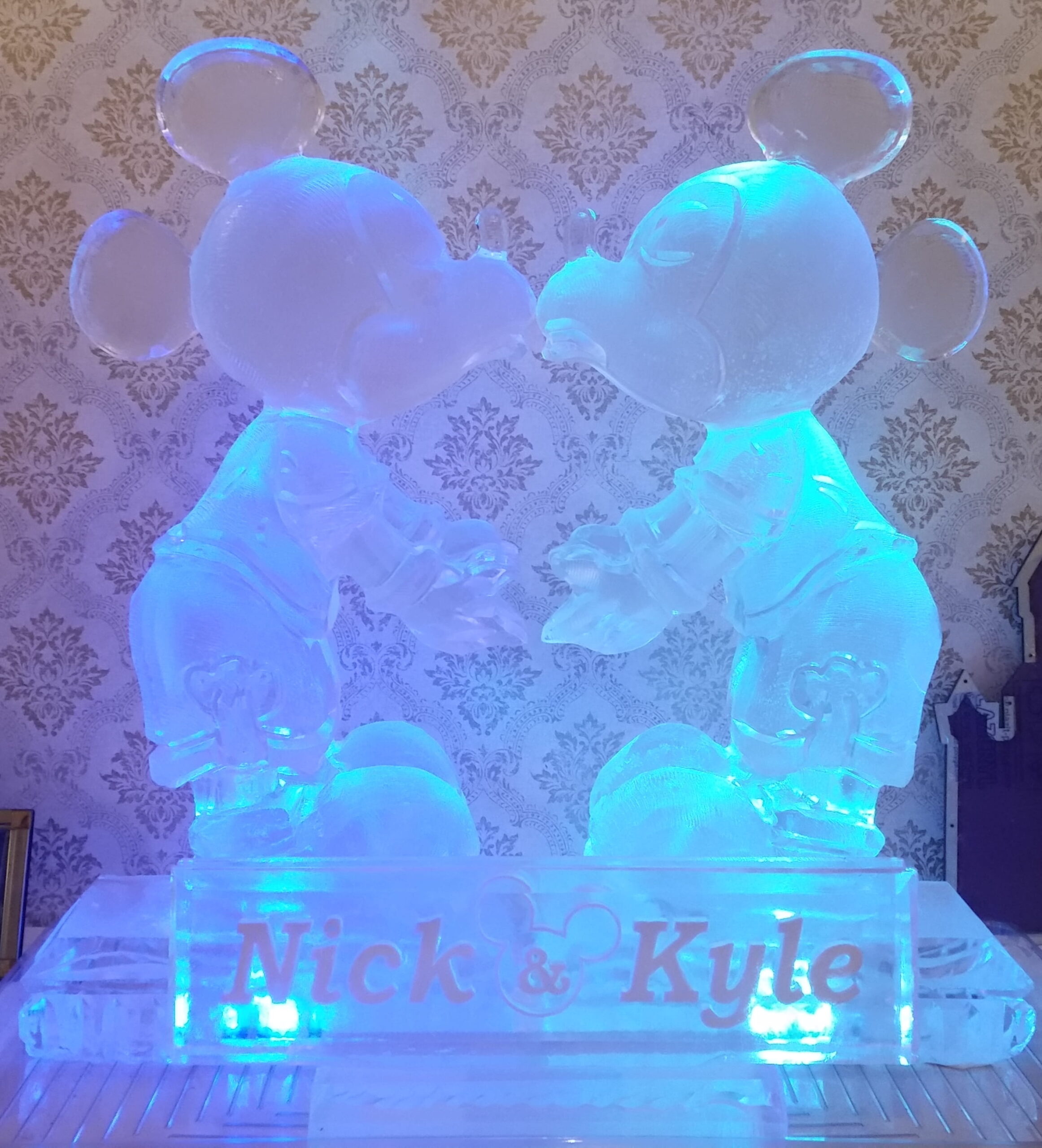 Blue illuminated Mickey Mouse ice sculpture