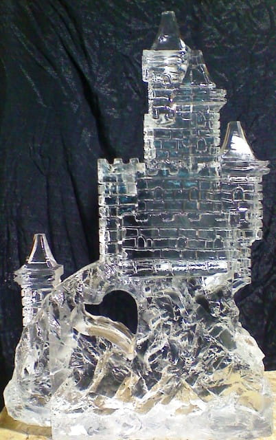 Custom architectural ice sculpture with castle-inspired design