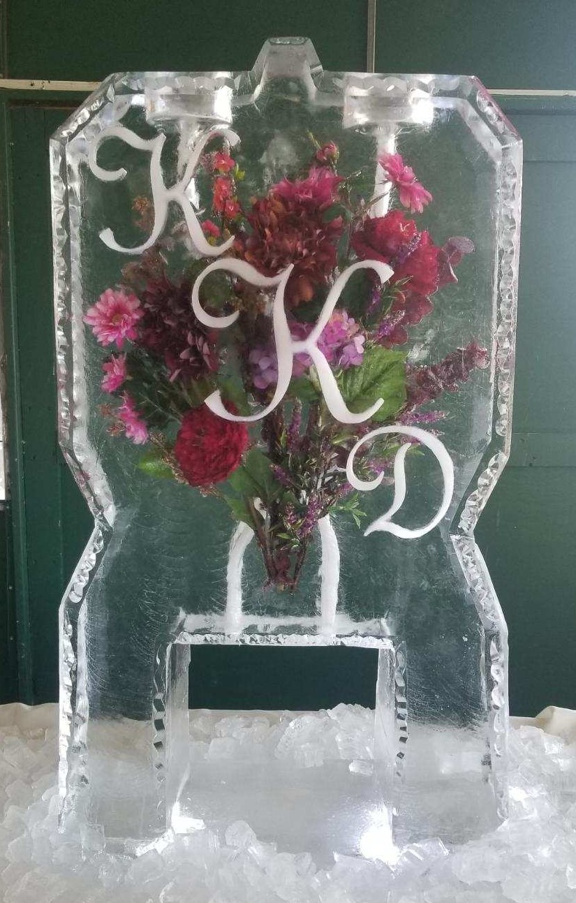 Personalized floral monogram ice sculpture with initials K and D