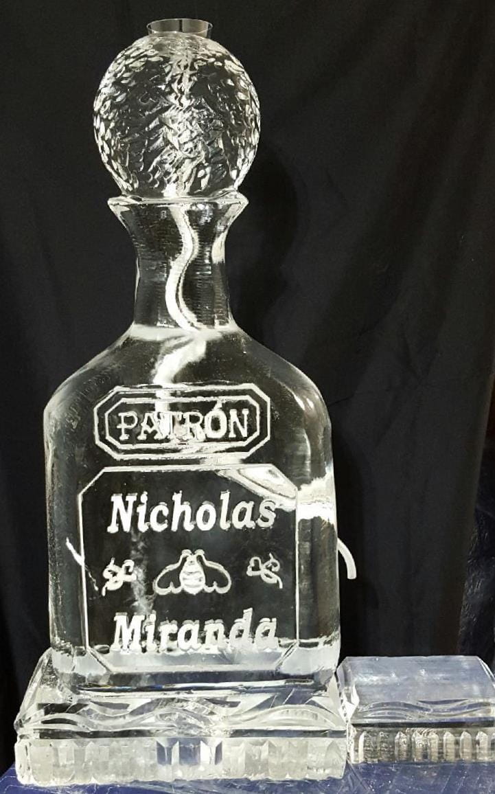 Patron tequila bottle ice sculpture with engraved logo