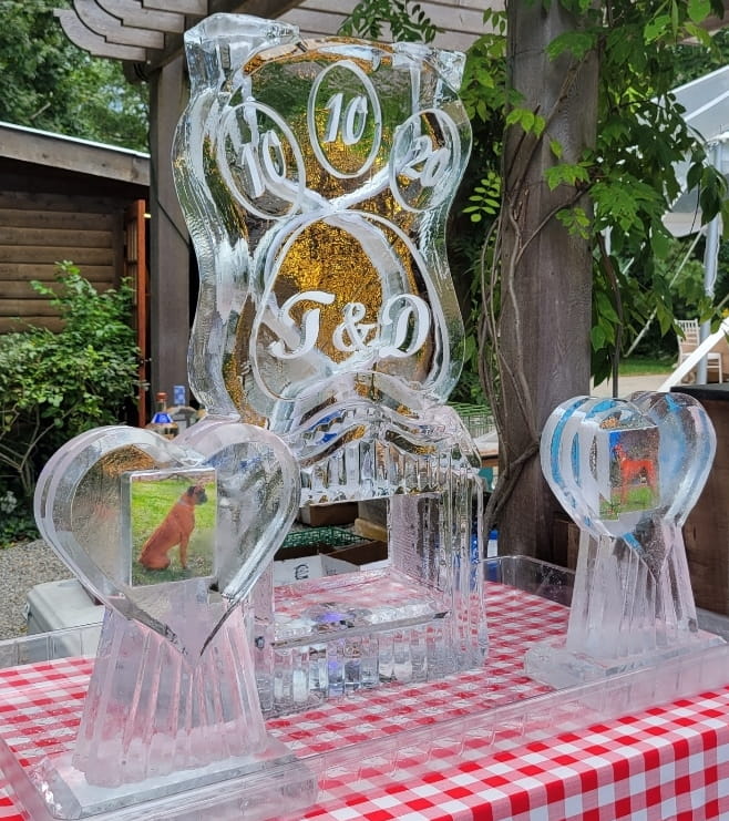 Elegant carved ice sculpture with curved ribbon design for weddings and special events