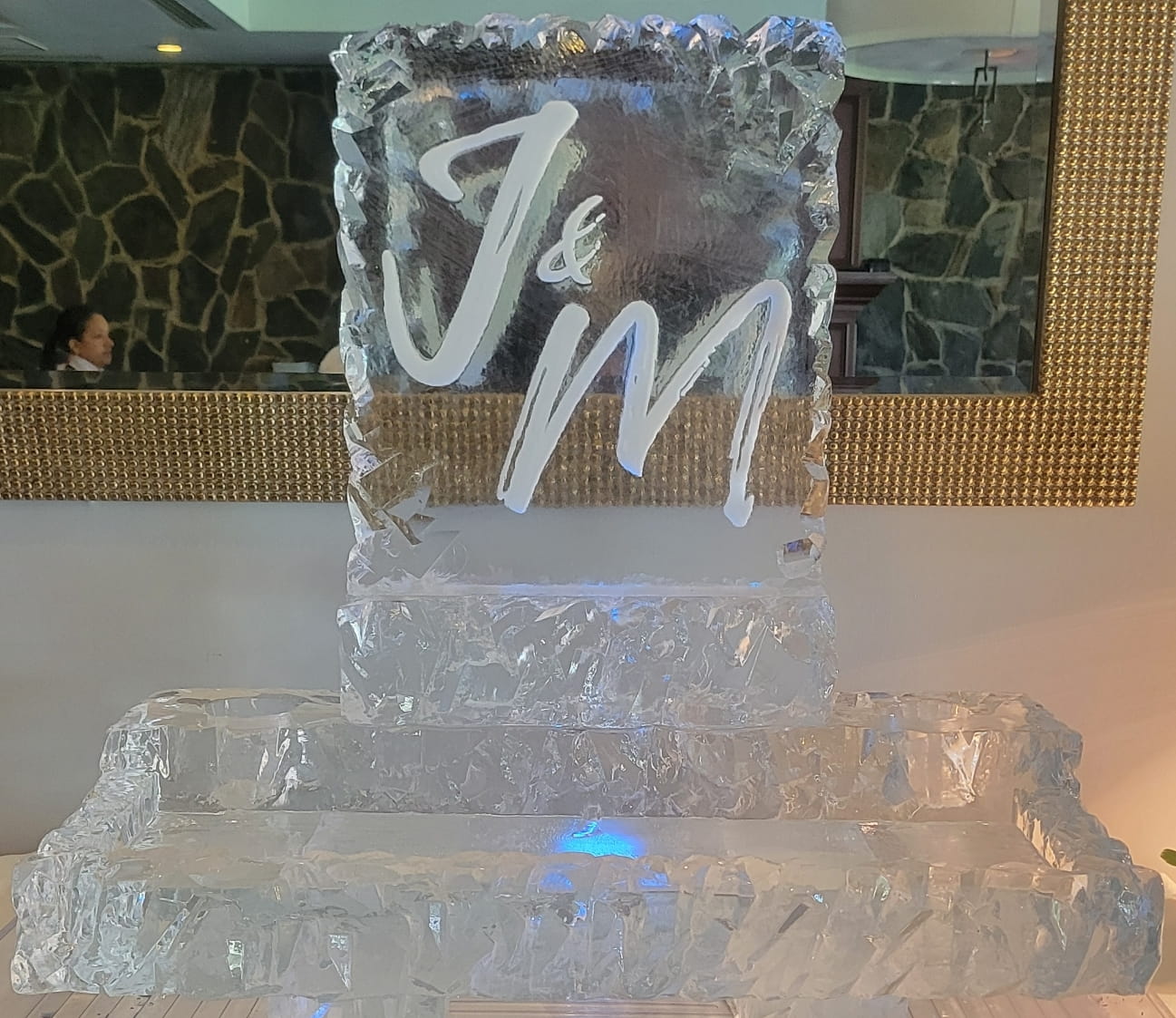 JM monogram engraved ice sculpture