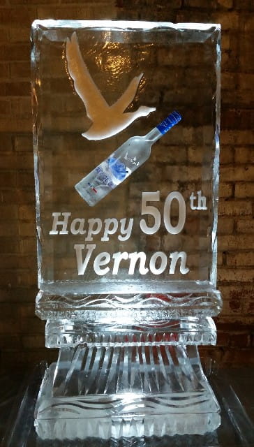 Happy 50th Vernon birthday ice sculpture with bottle