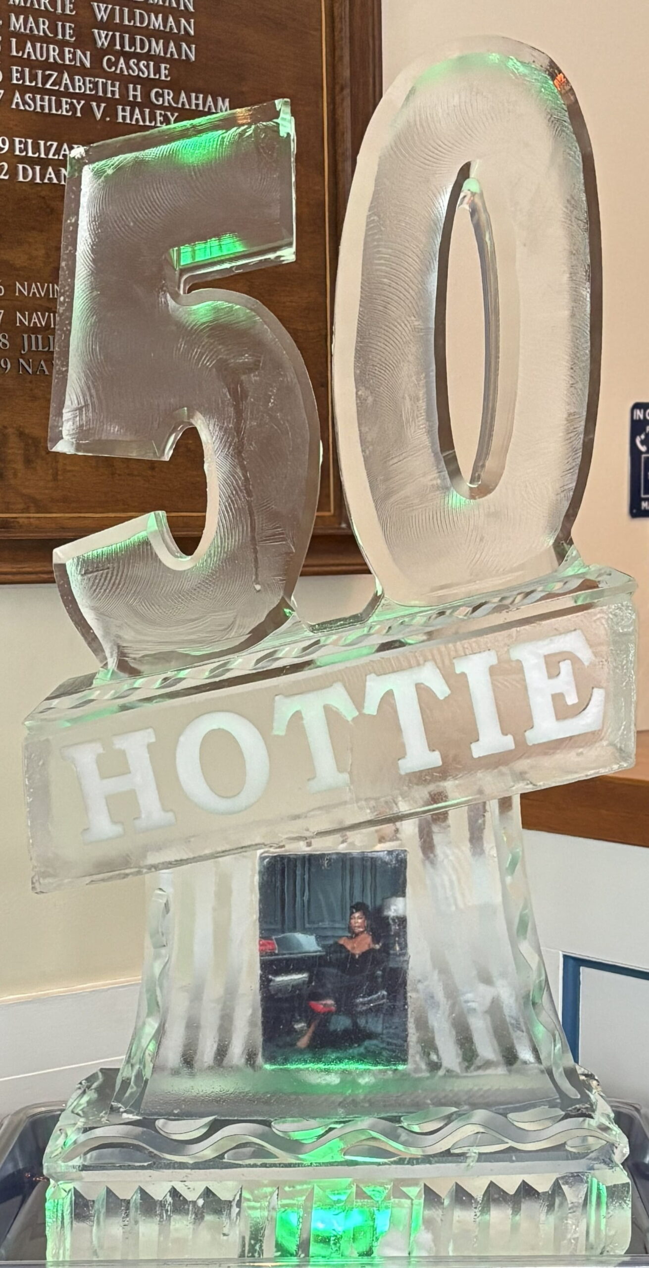 Happy 50th Birthday engraved ice sculpture
