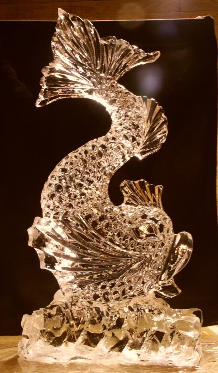 Seahorse ice sculpture with amber lighting