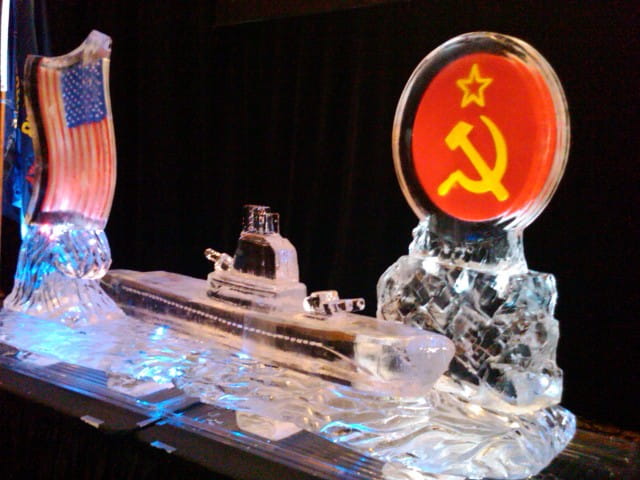 Soviet emblem engraved ice sculpture