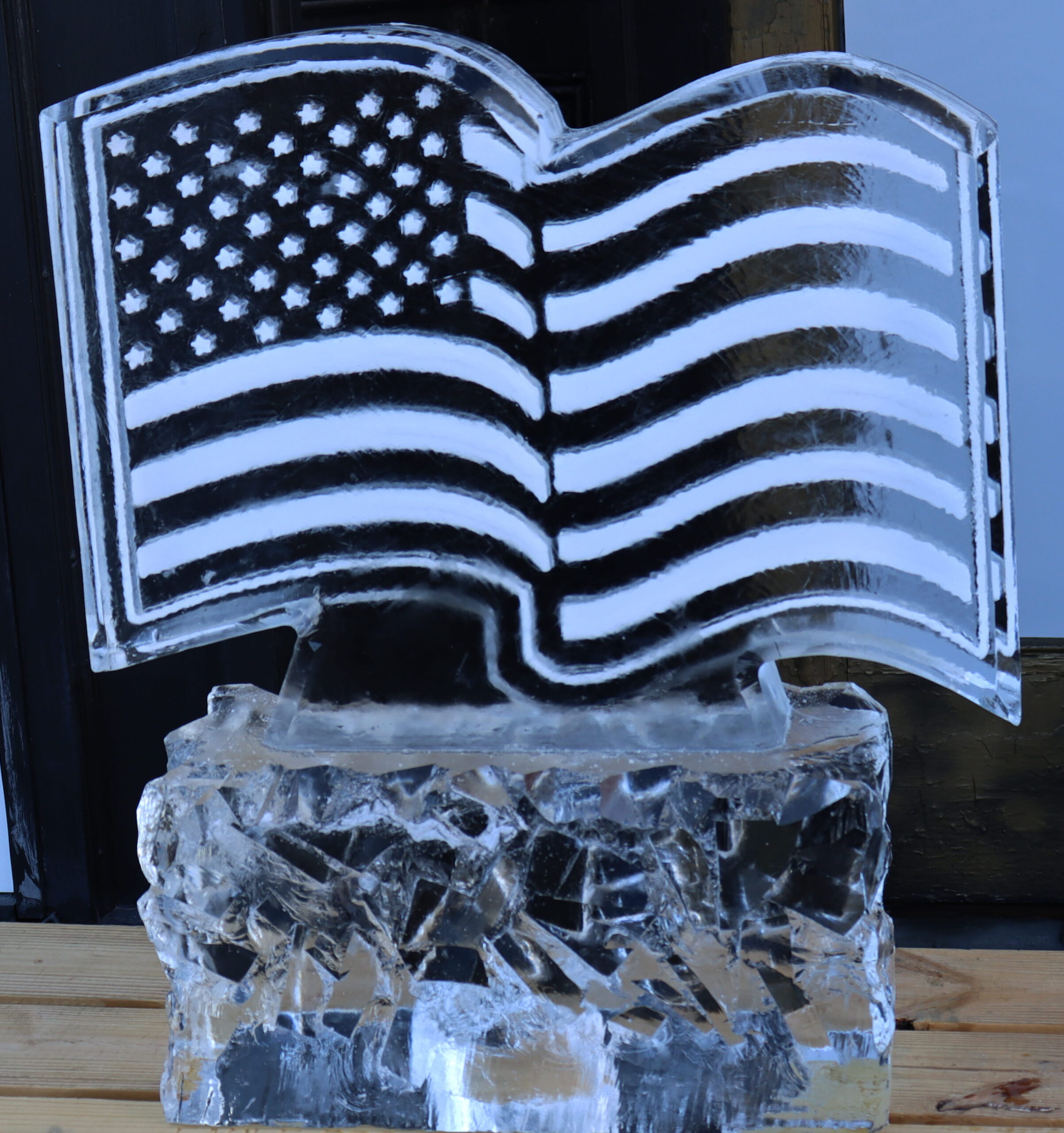 Black and white American flag ice sculpture