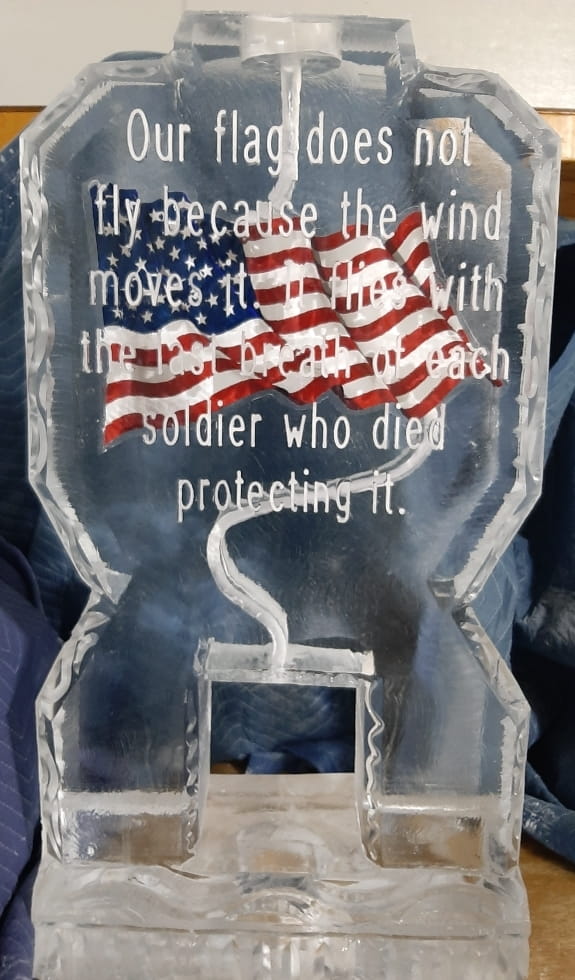 Patriotic memorial ice sculpture with American flag