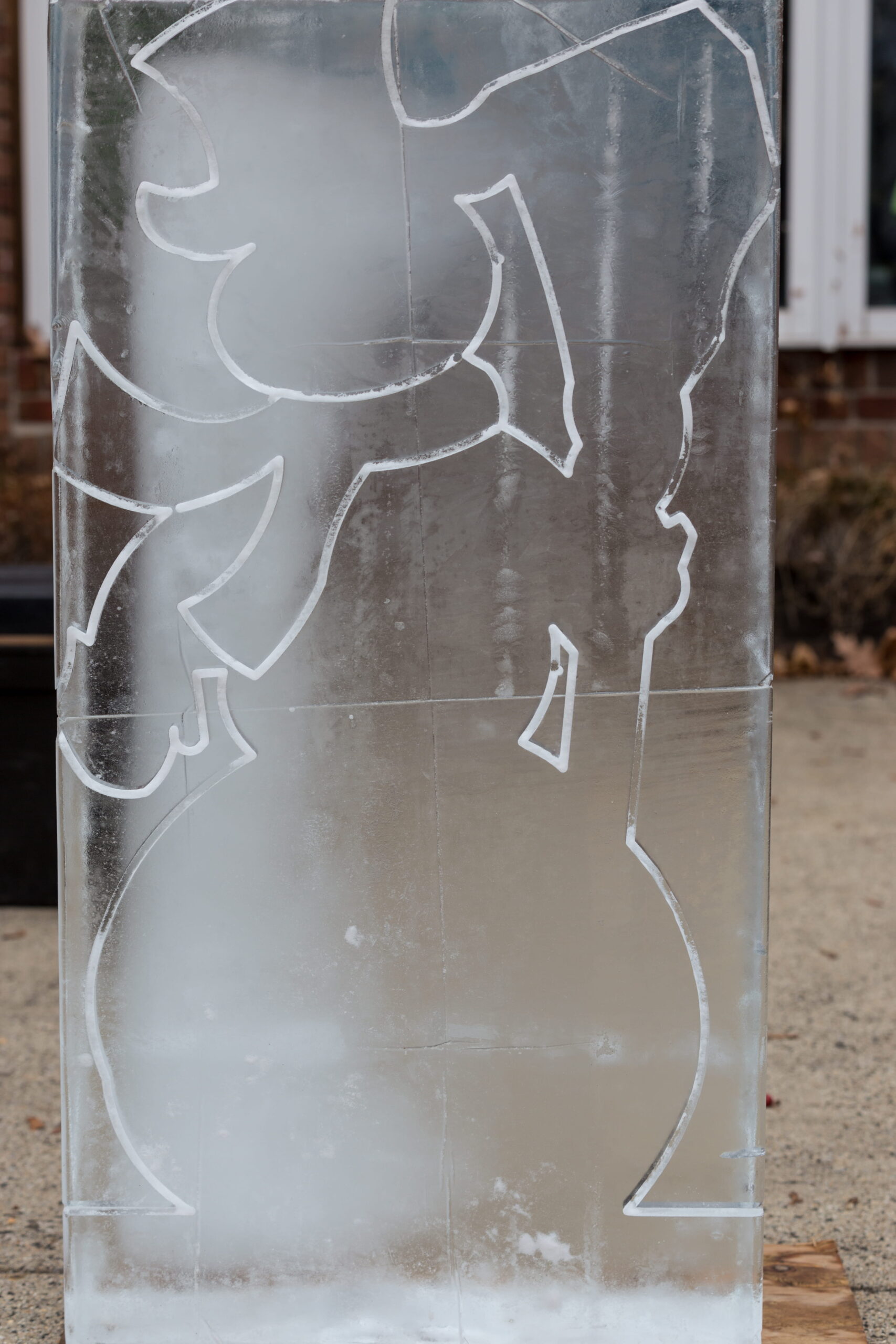 Intricate linear portrait sketch engraved onto a block of clear ice