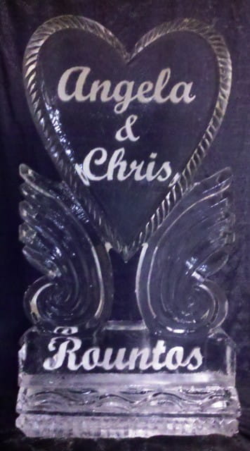 Angela & Chris custom engraved ice sculpture for a wedding reception