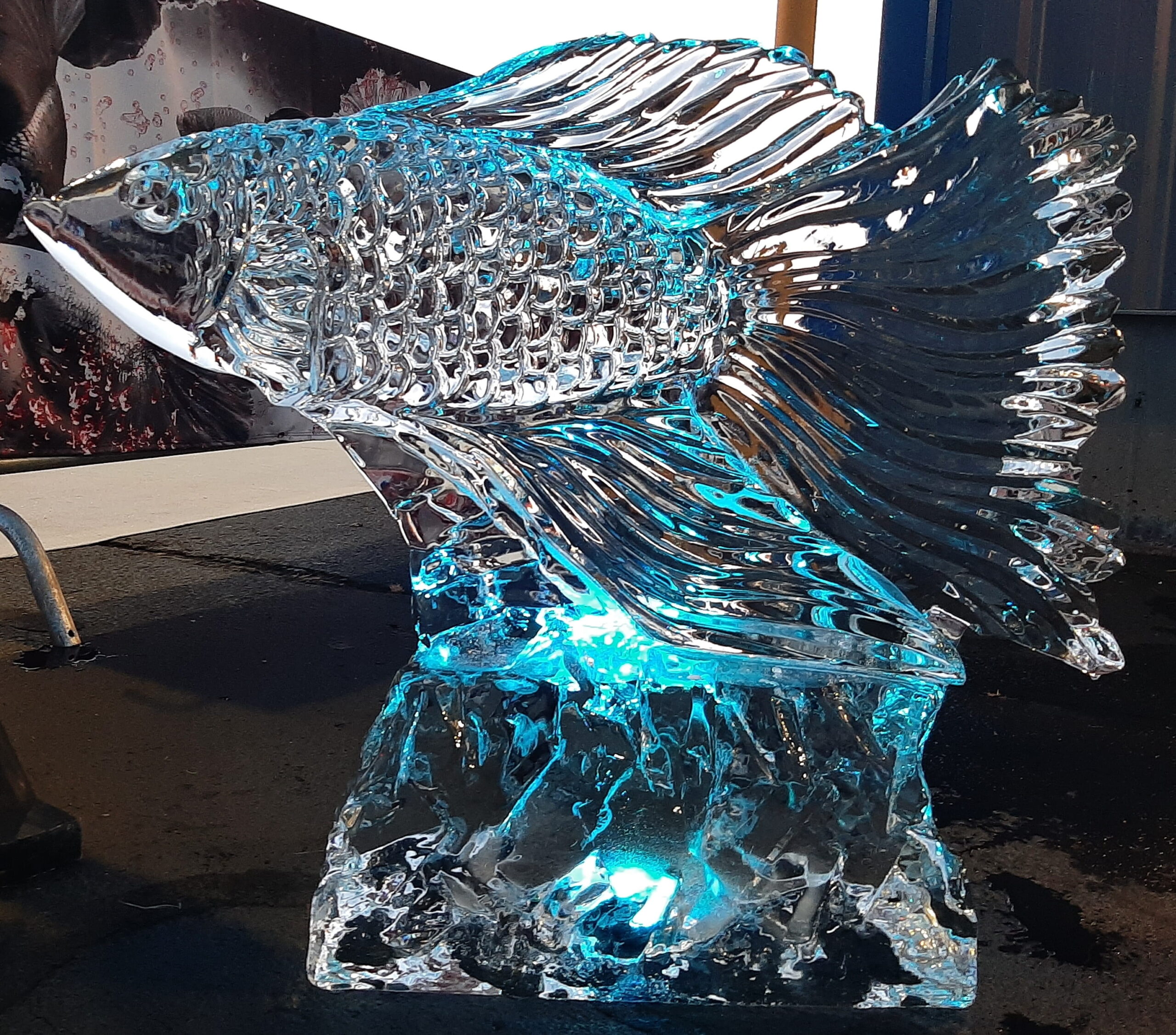 Stunning clear ice sculpture of a swimming fish with detailed scales and fins