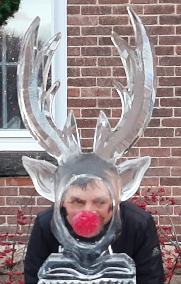 Detailed ice carving of deer antlers reflecting brick background architecture