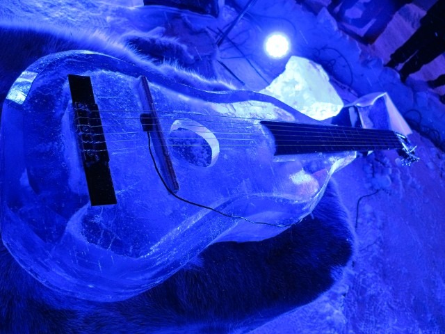 Audio technical equipment and instruments set up inside a custom blue lit ice room