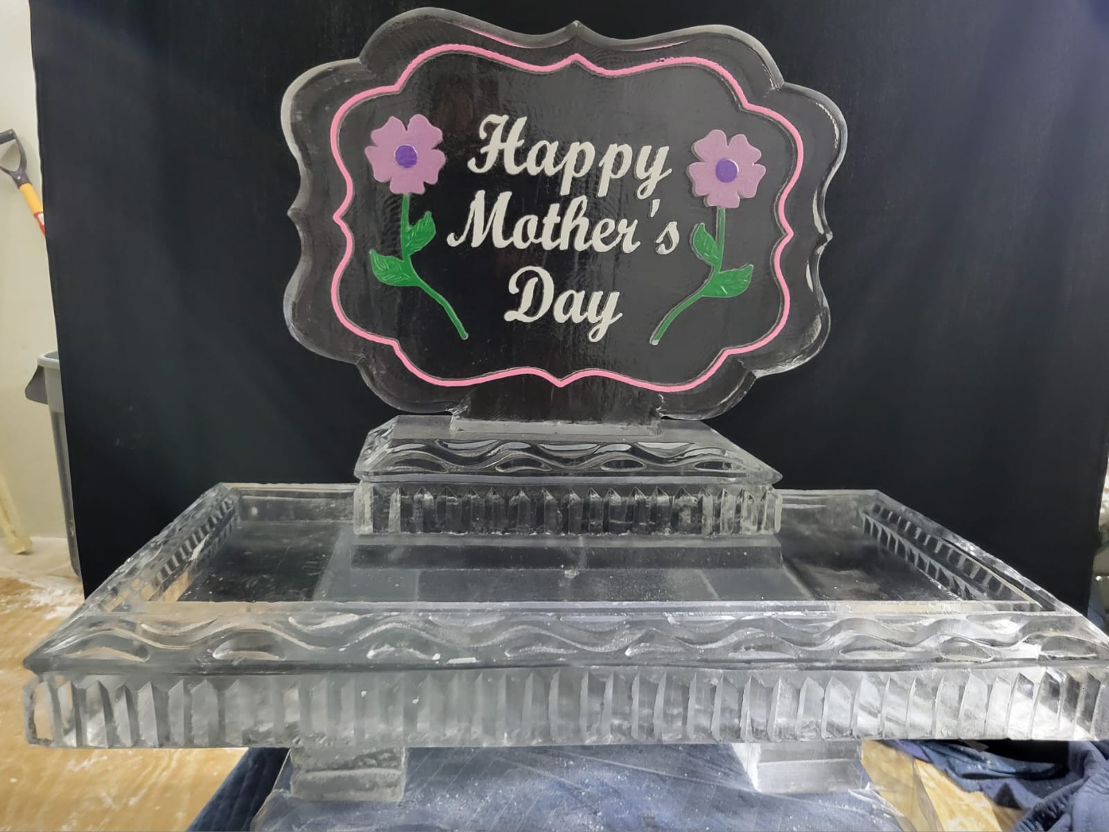 Ice matters - color border and flowers logo with snowfilled happy mother's day on back of 40 inch tray