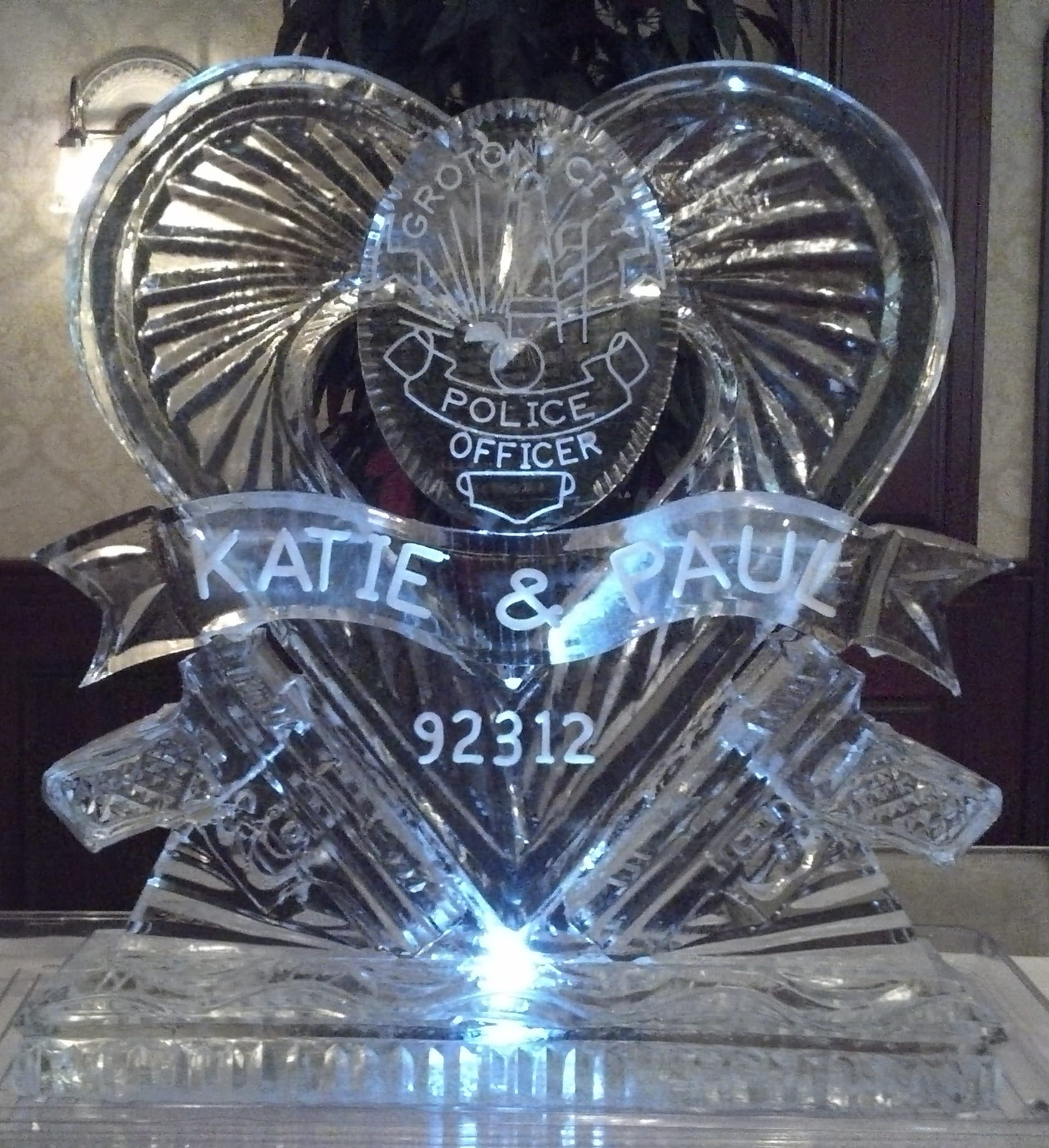 Katie and Ryan custom engraved heart ice sculpture with wedding date