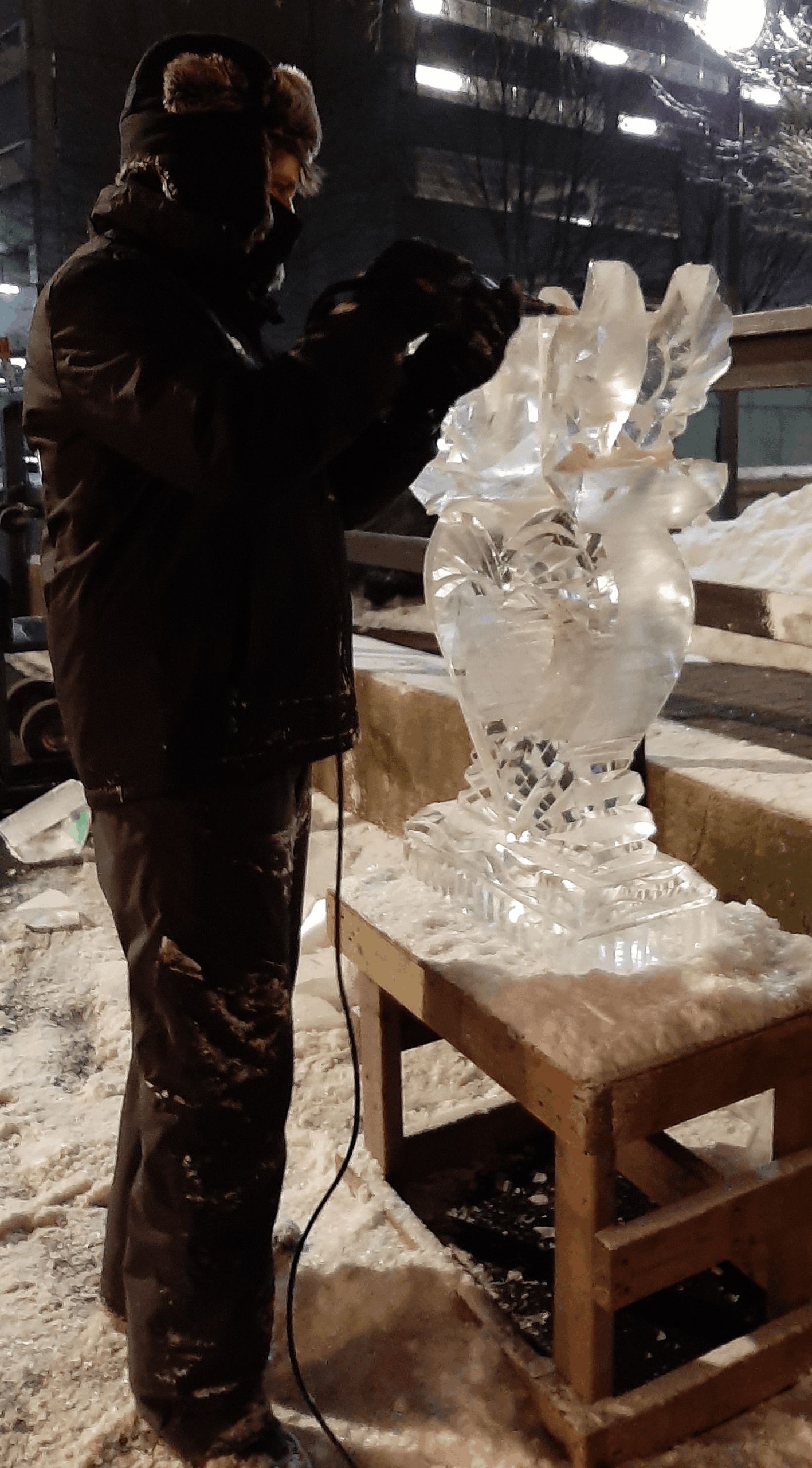 Detailed architectural column style ice carving set up on a display table