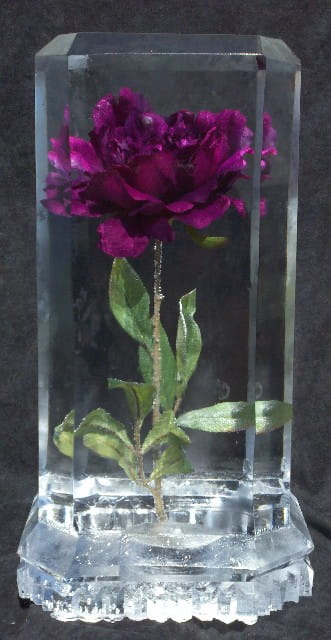 Red rose displayed inside a clear ice vase