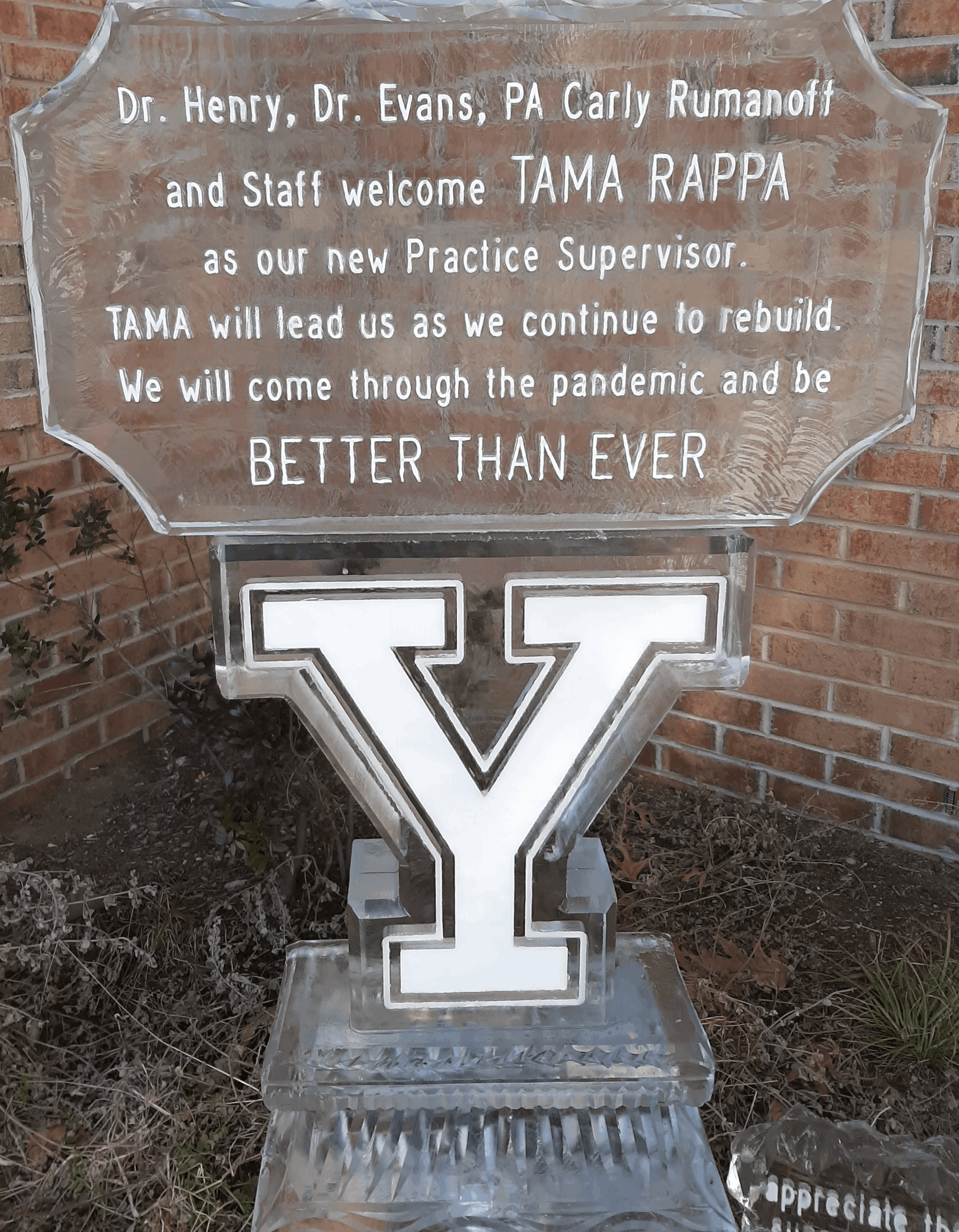 Yale University style letter Y corporate logo custom ice sculpture