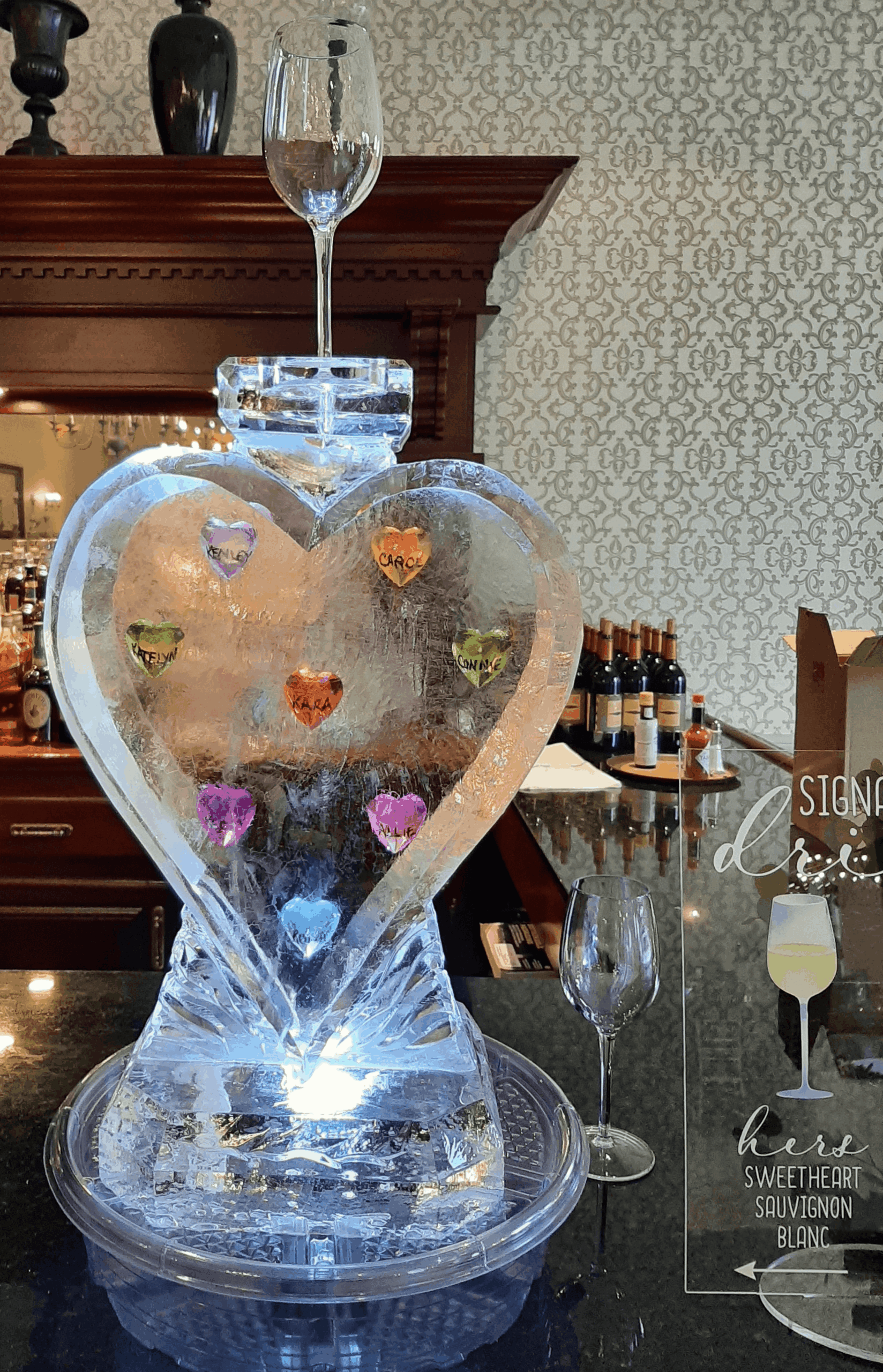Heart-shaped ice sculpture with decorative accents