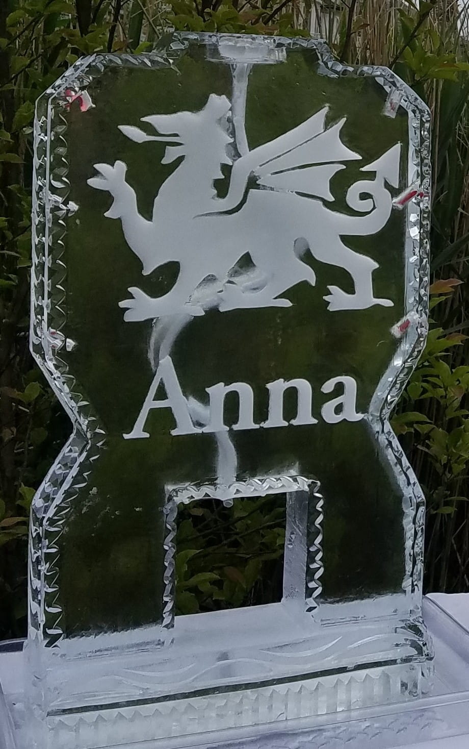 Personalized Anna name ice sculpture with griffin design