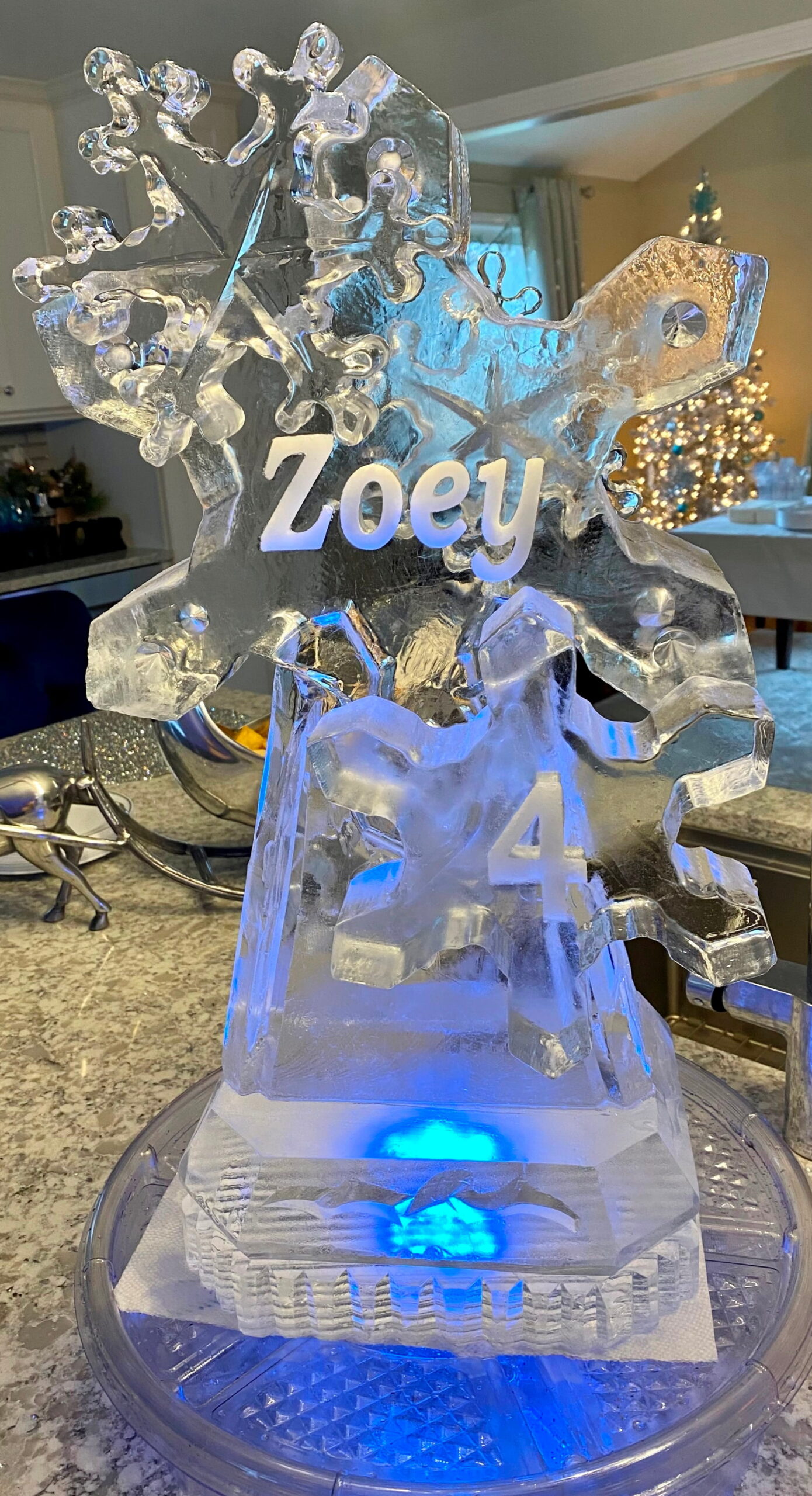 Zoey birthday ice sculpture with age number