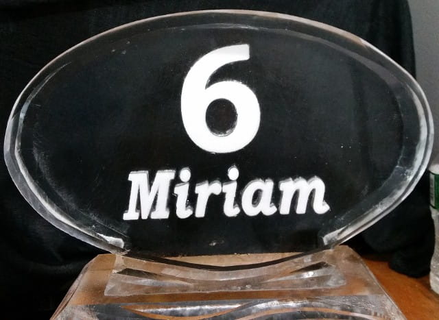 Number 6 Miriam engraved ice plaque