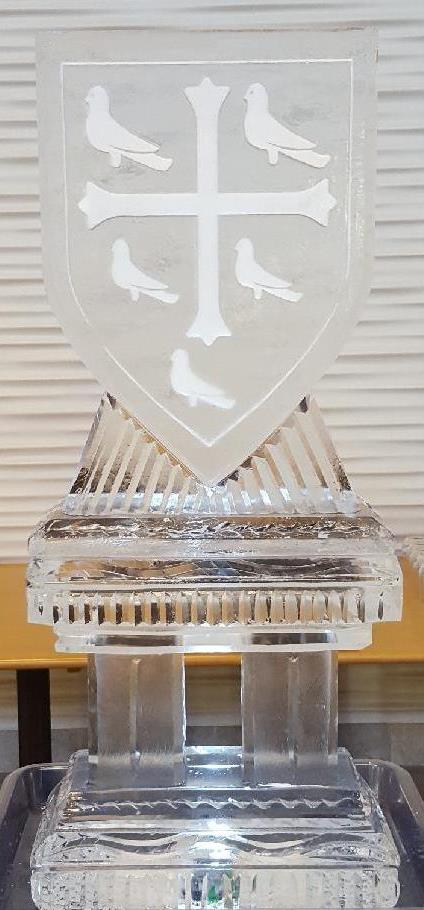 Custom block ice sculpture with stylized vertical branch or wheat engravings