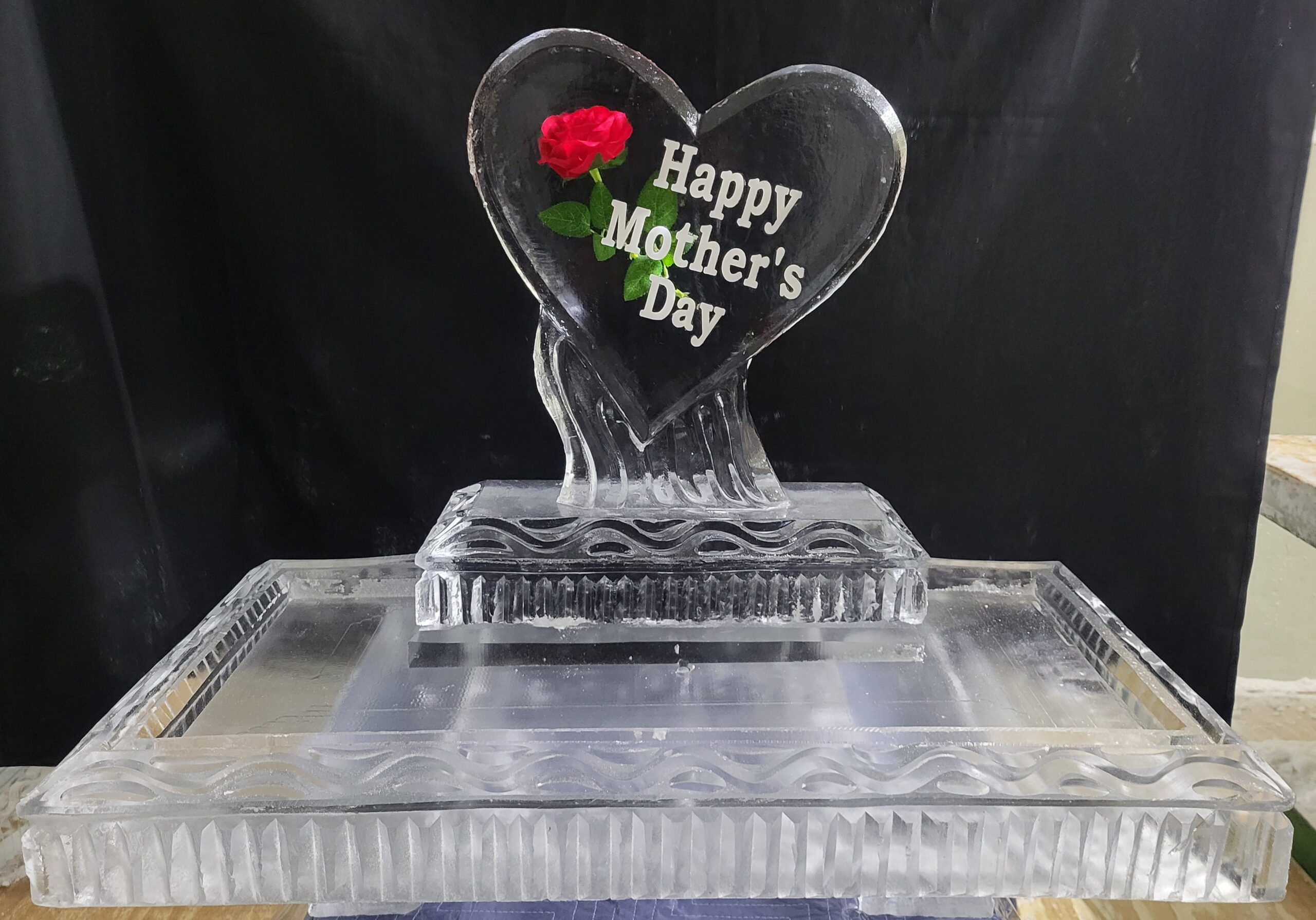 Ice Matters - Snowfilled Happy Mother's Day Heart with Silk Rose on Back of 40 Inch Tray