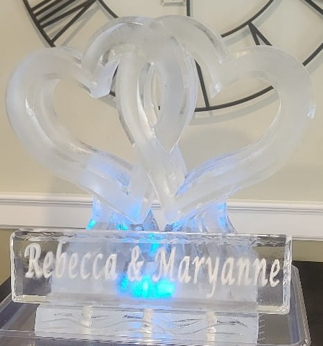 Rebecca and Mariano custom engraved double hearts ice sculpture