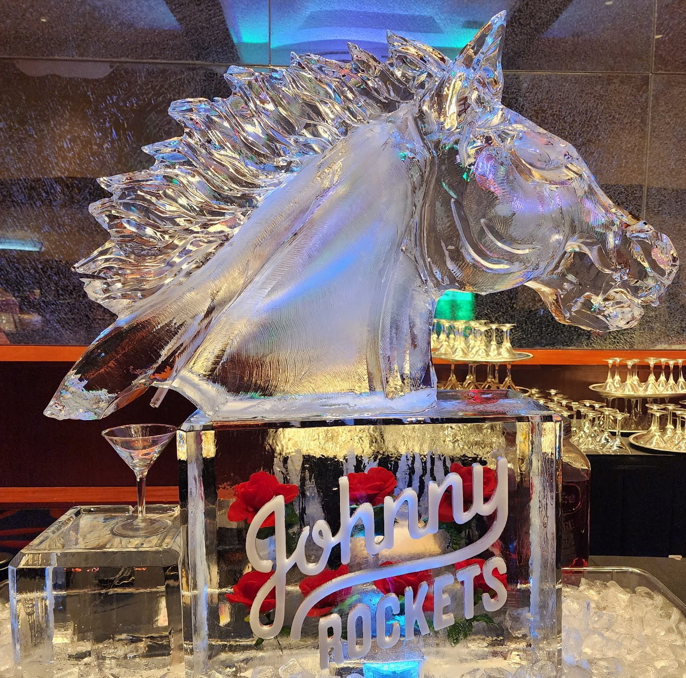 Horse head ice sculpture with illuminated mane