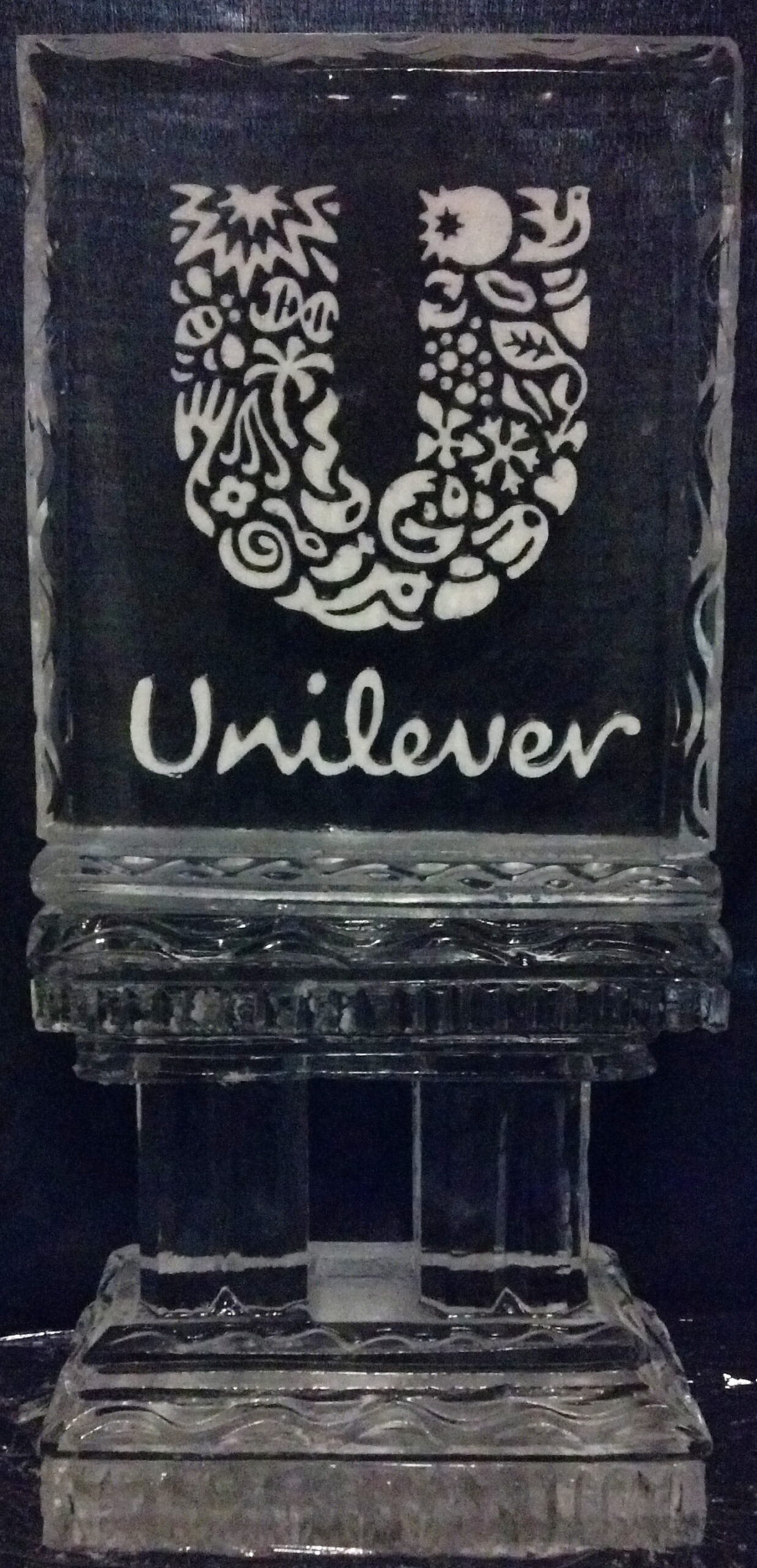 Unilever corporate branded logo block ice sculpture