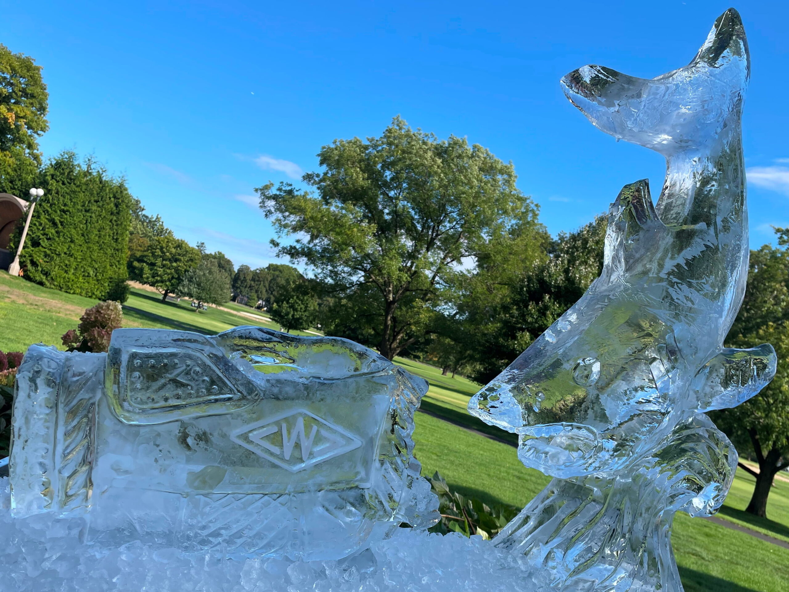 Outdoor dolphin ice sculpture