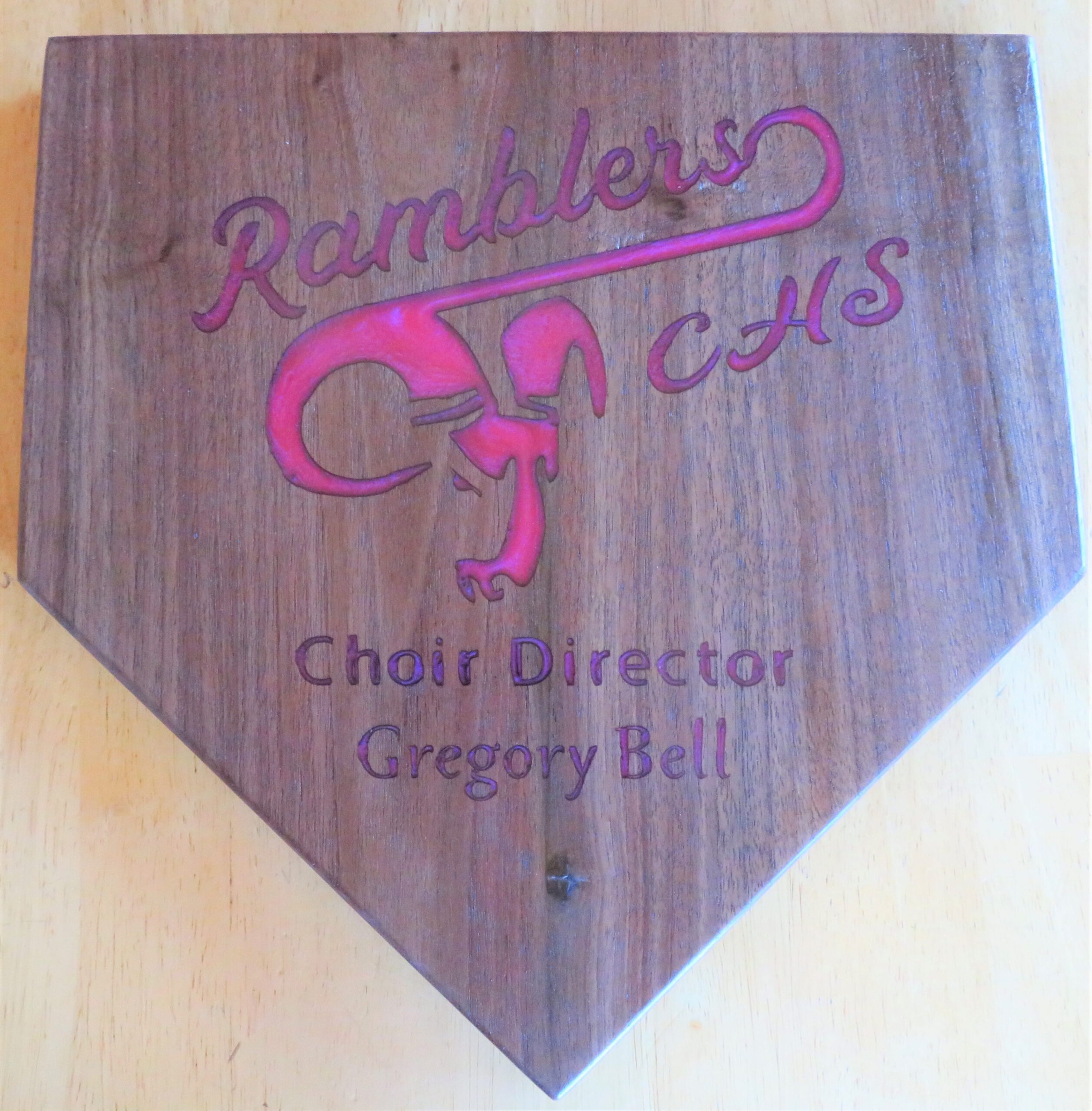 Ramblers CHS choir director commemorative custom purple dyed wooden plaque