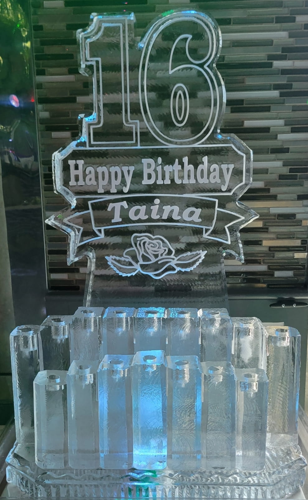 Happy Birthday Talina engraved ice sculpture