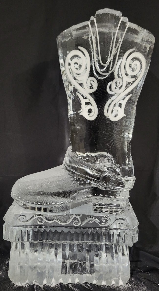 Cowboy boot engraved ice sculpture